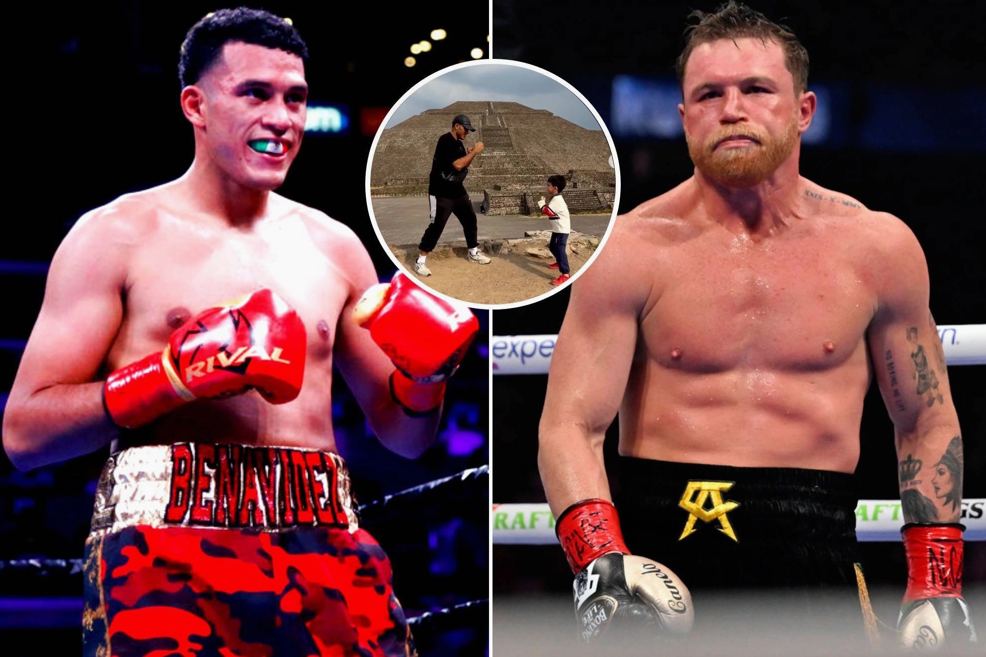 David Benavidez aggressively calling out the champion while standing at the Pyramids of Teotihuacan